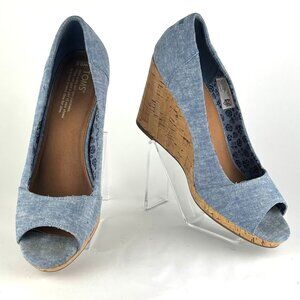 TOMS Claudine Blue Denim Cork Wedge Sandals - Size 9.5